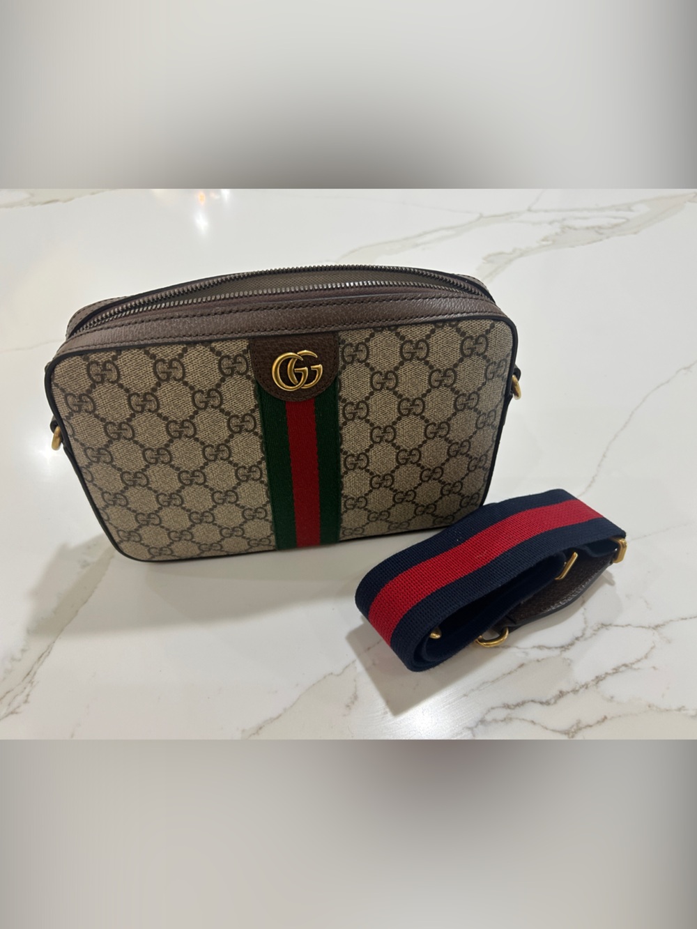 Gucci Beige/Brown GG Supreme Crossbody with Green-Red Web